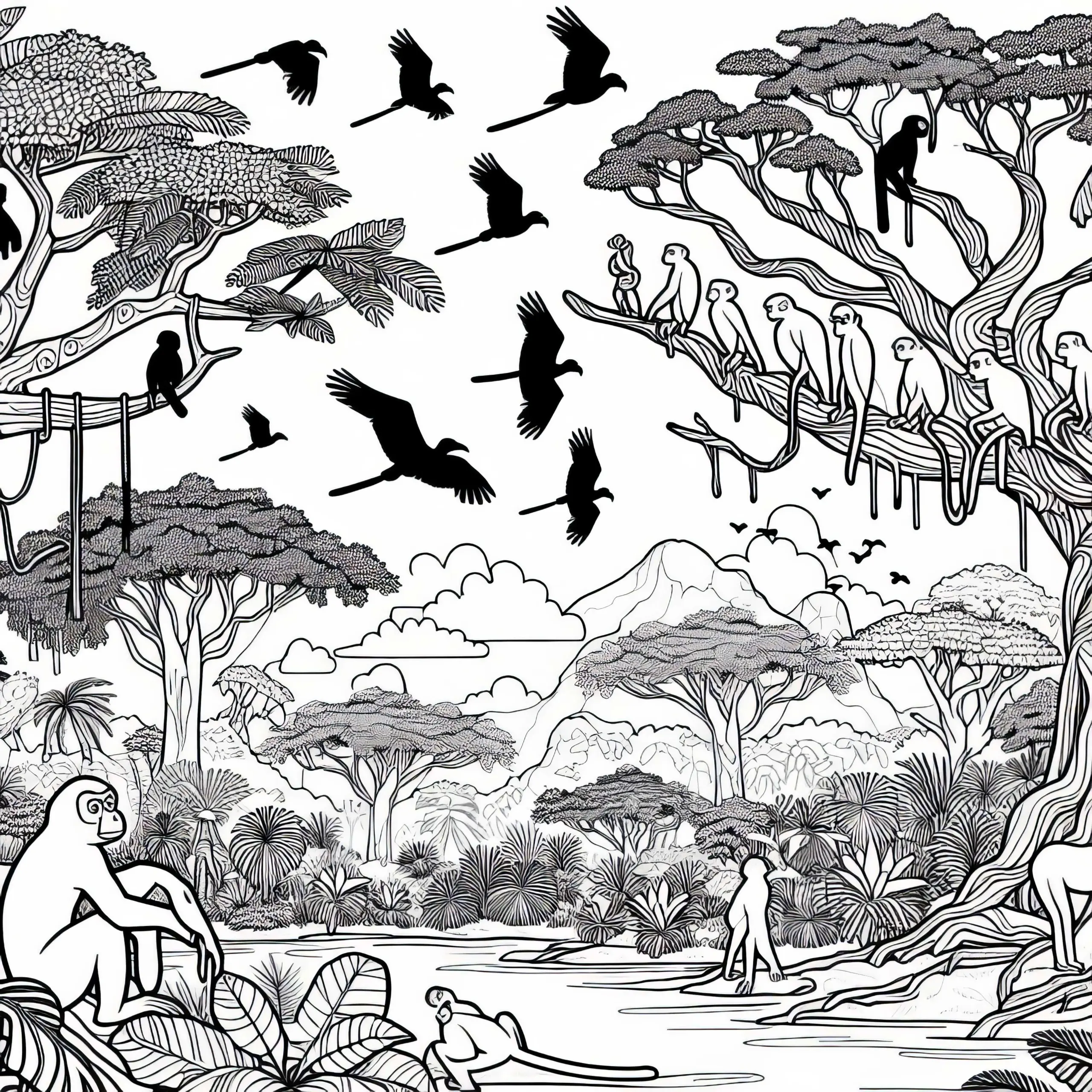 Regenwald in Zentralafrika mit Vögeln und Affen – Ausmalvorlage kostenlos (Ausmalbild)