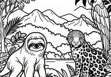 Ausmalbild Regenwald mit Faultier, Papagei und Jaguar aus Südamerika – Kostenlos herunterladen