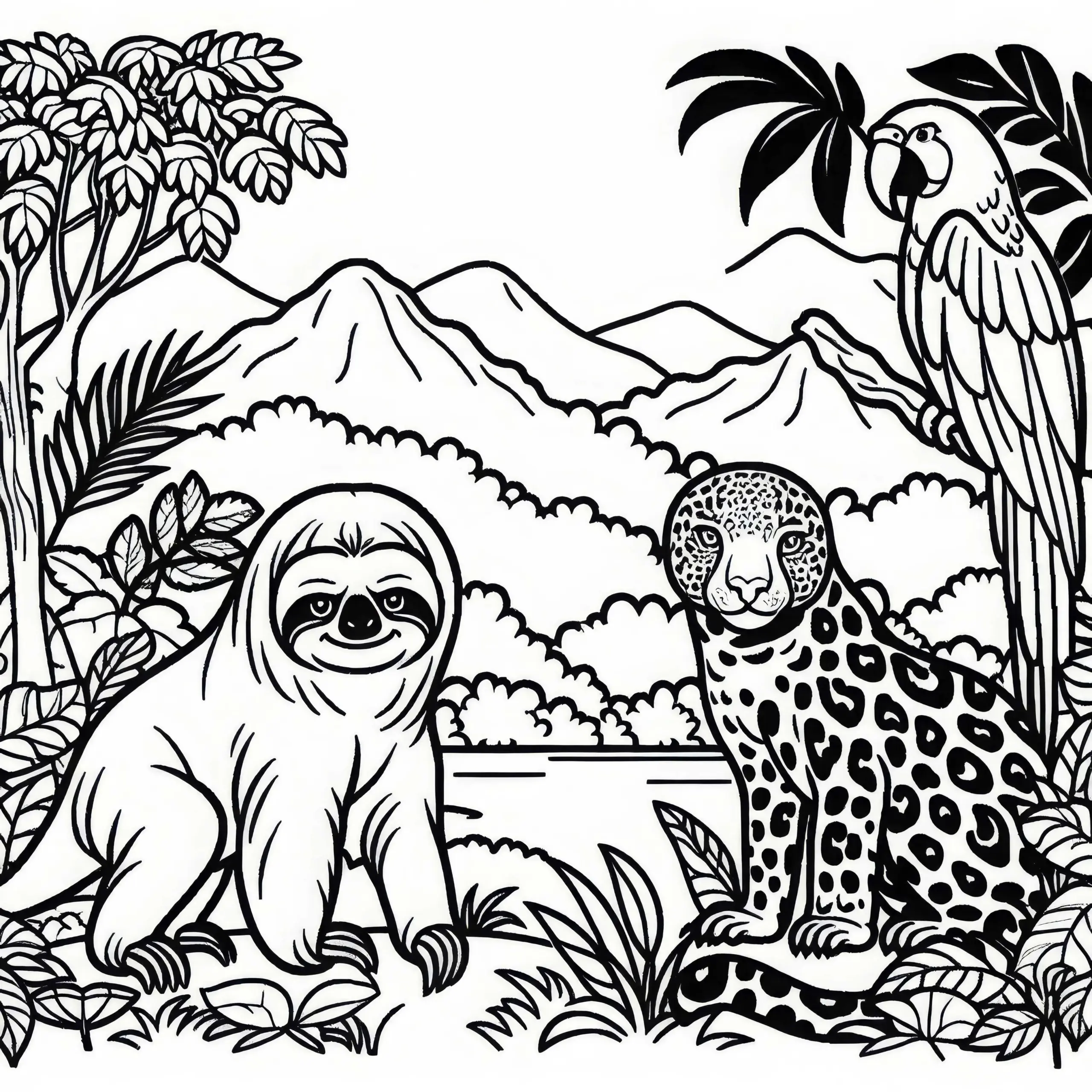 Ausmalbild Regenwald mit Faultier, Papagei und Jaguar aus Südamerika – Kostenlos herunterladen