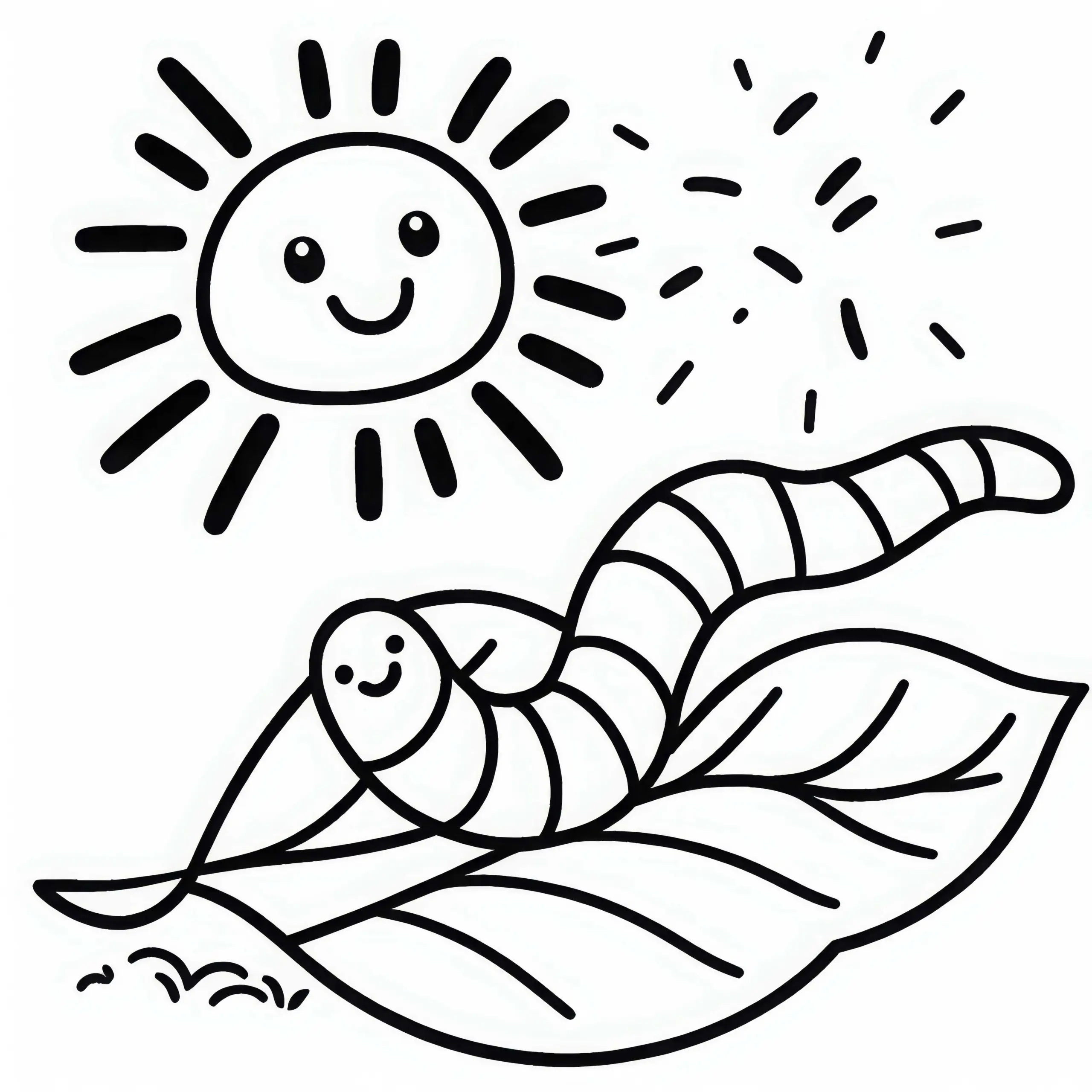 Regenwurm auf einem Blatt mit Sonne: Ausmalbild zum Download (Kostenlos)