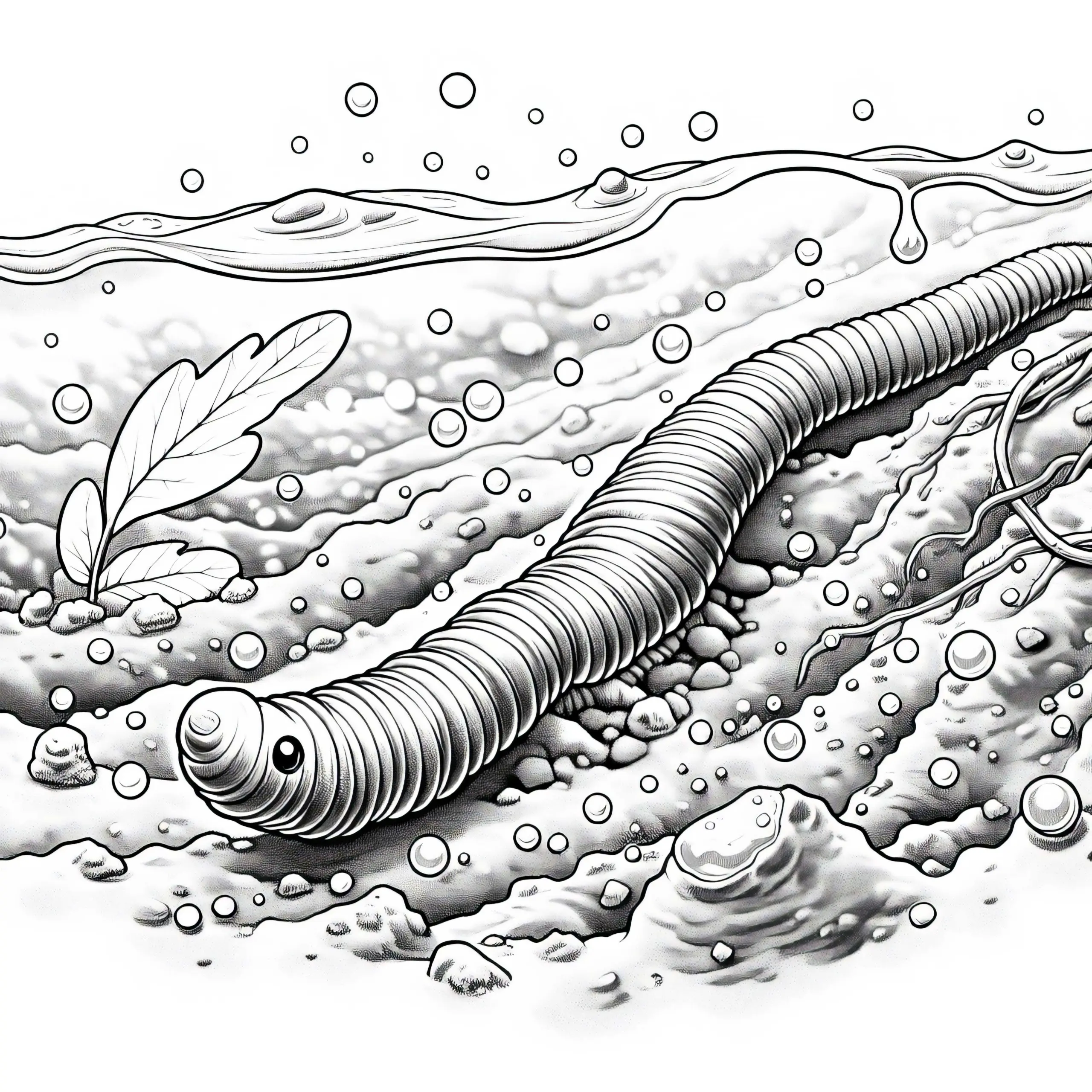 Regenwurm in feuchter Erde: Ausmalbild zum Herunterladen (Gratis)