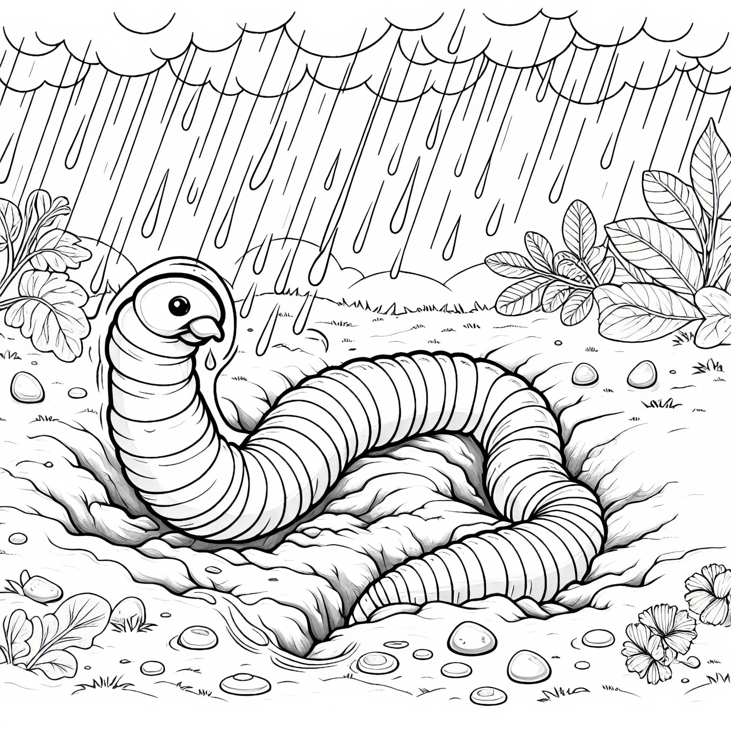 Regenwurm kommt nach Regen aus dem Boden: Detailreiche Malvorlage (Gratis) (Ausmalbild)