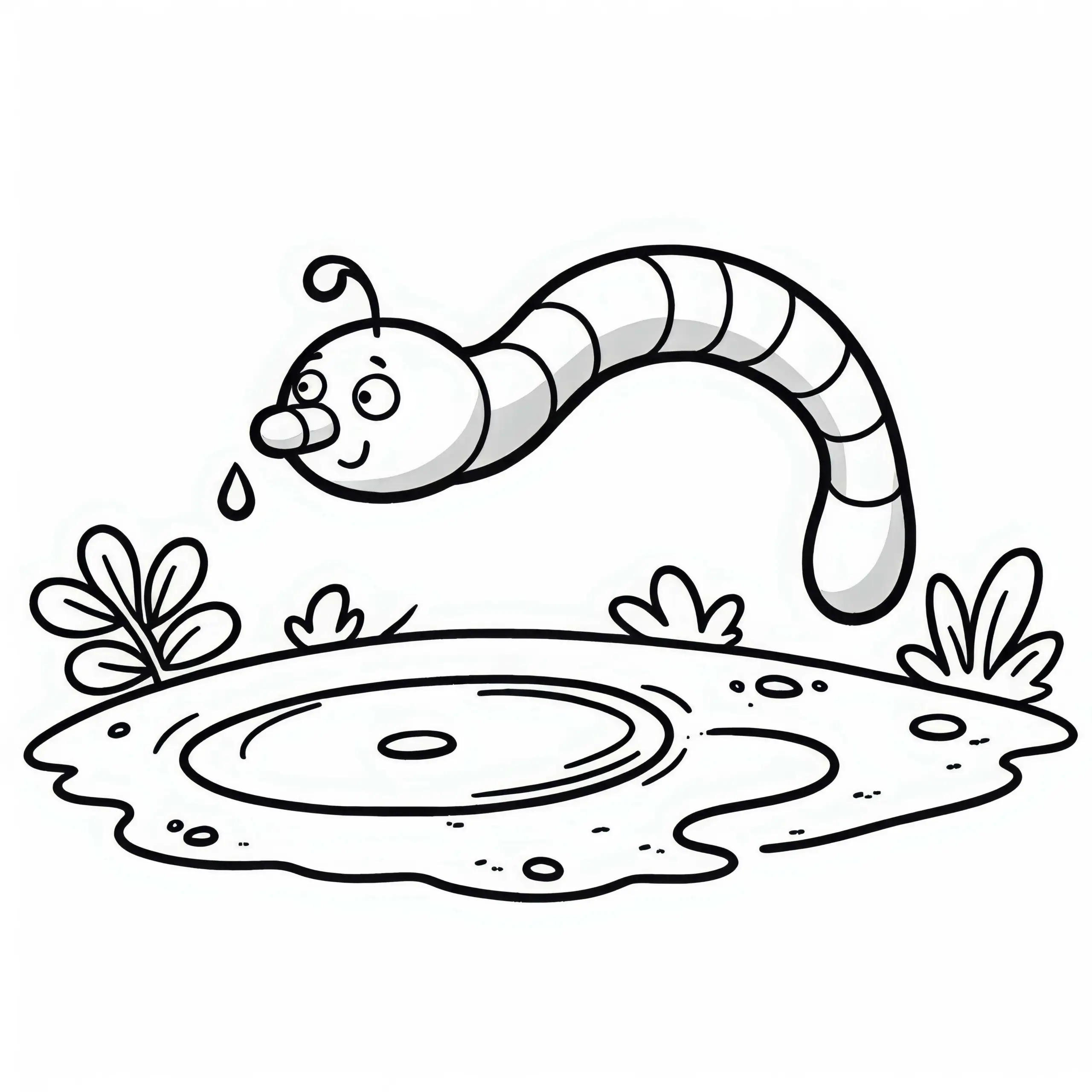 Regenwurm in einer Pfütze: Ausmalbild zum Herunterladen (Kostenloses)