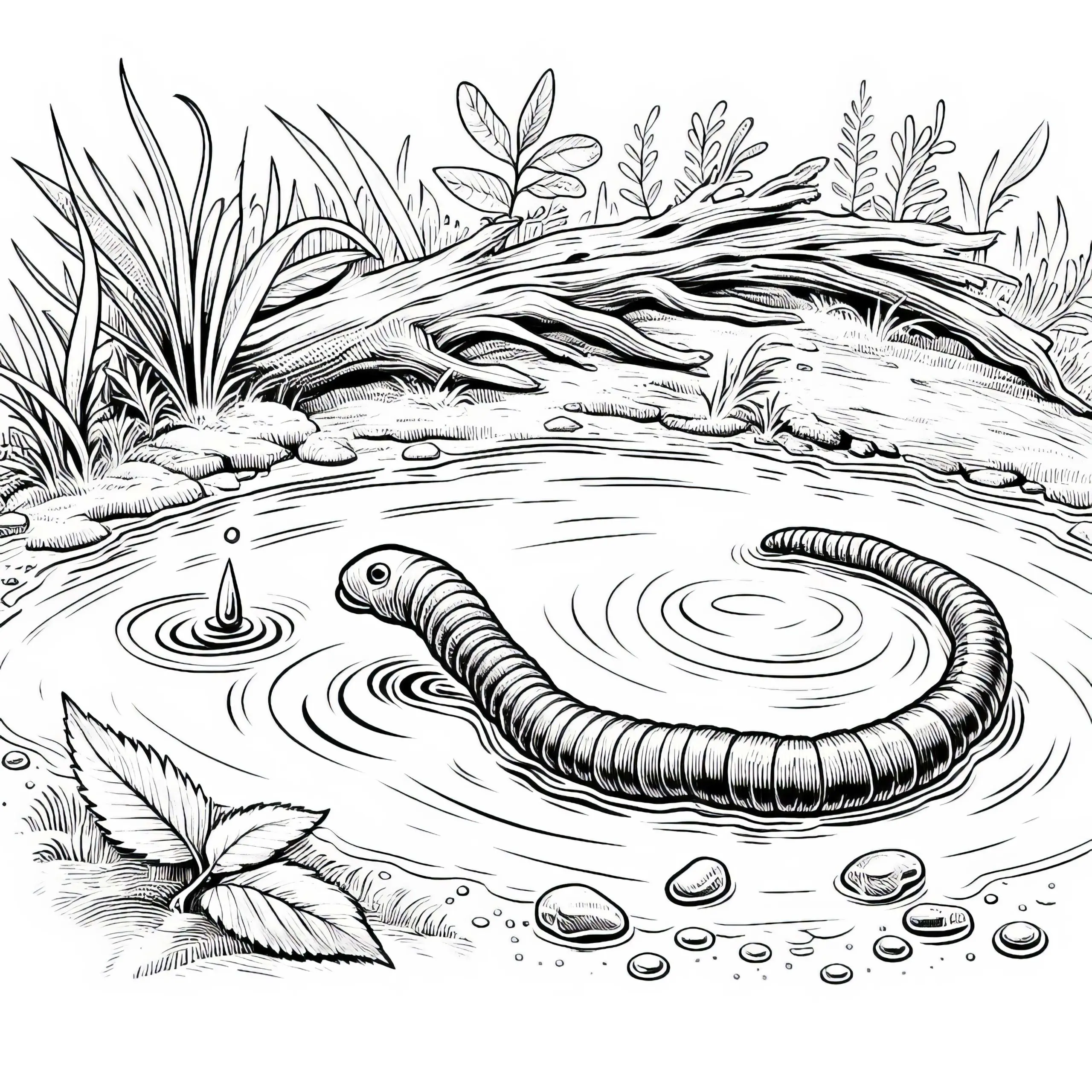 Regenwurm in Pfütze: Kostenloses Ausmalbild
