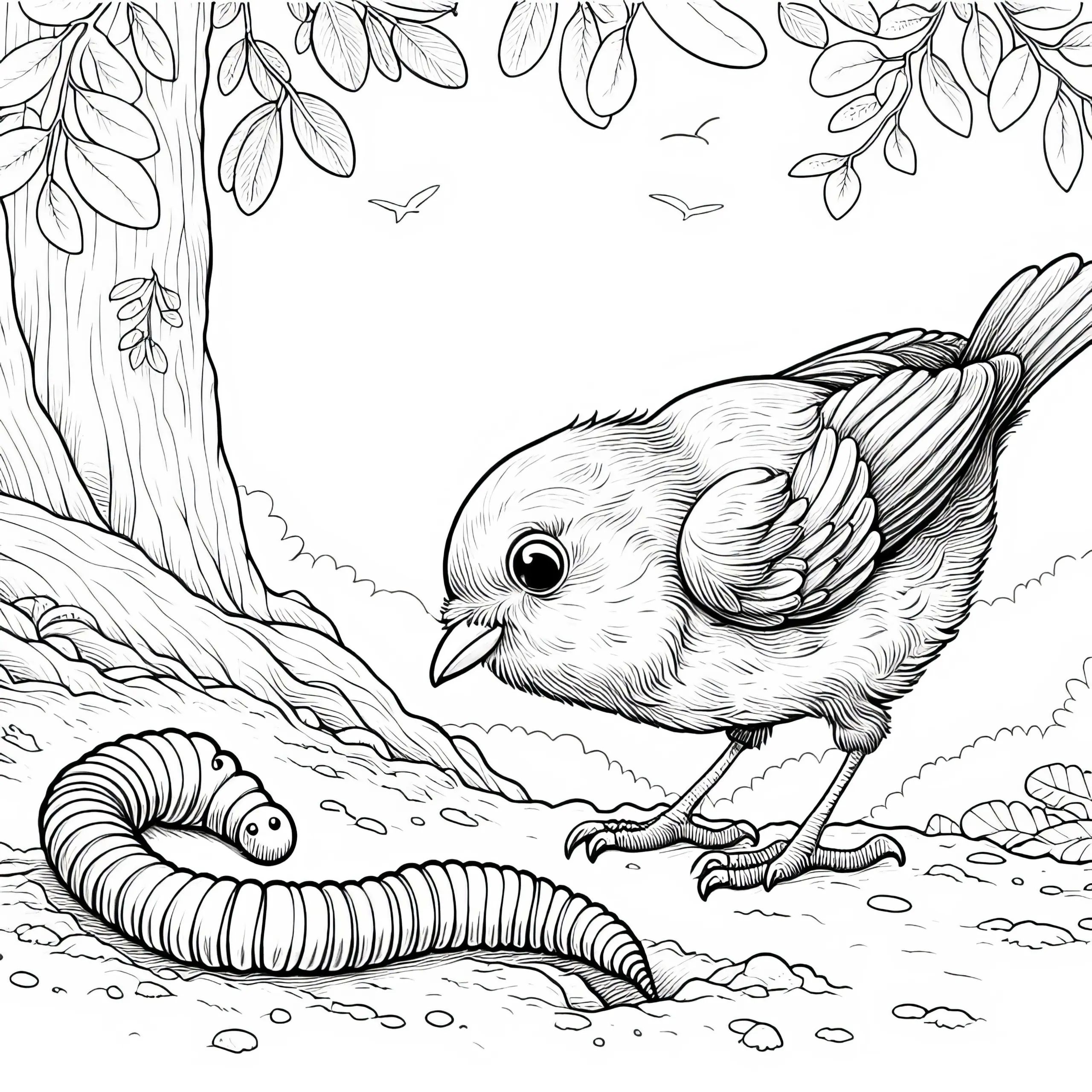 Regenwurm mit einem Vogel: Ausmalbild zum Download (Kostenlos)