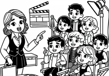 Regisseurin gibt Anweisungen auf dem Filmset – Ausmalbild gratis