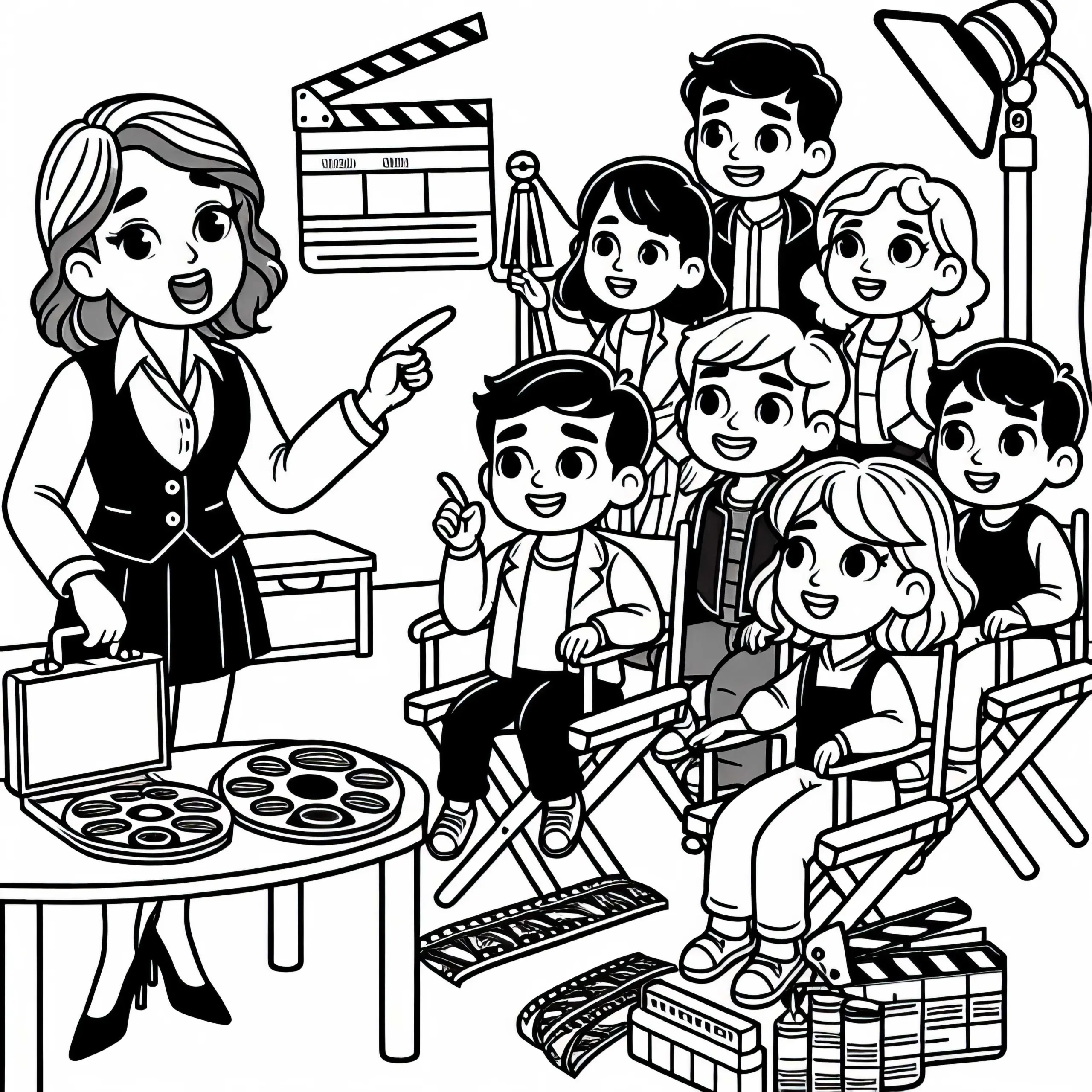 Regisseurin gibt Anweisungen auf dem Filmset – Ausmalbild gratis