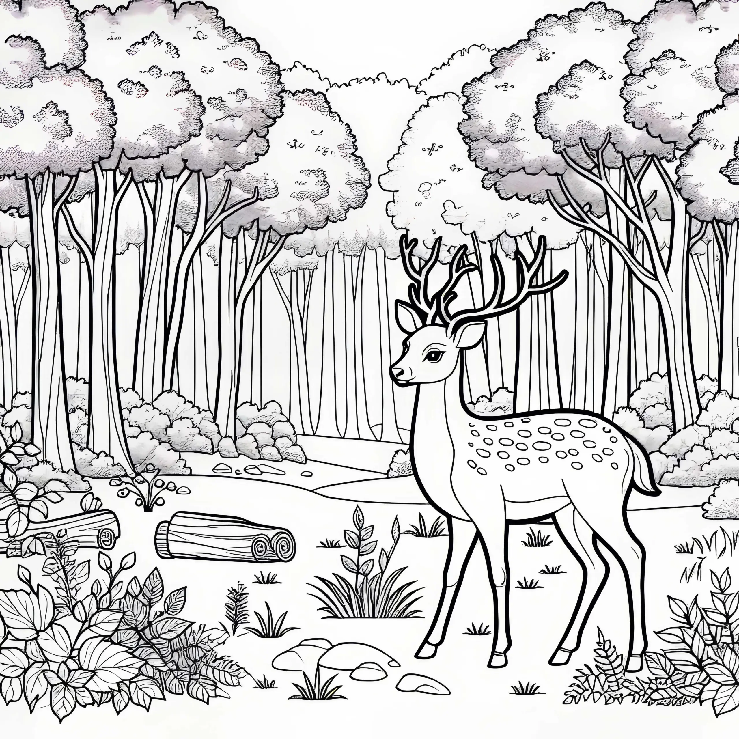 Reh auf einer Lichtung im Wald: kostenlose Malvorlage (Ausmalbild)