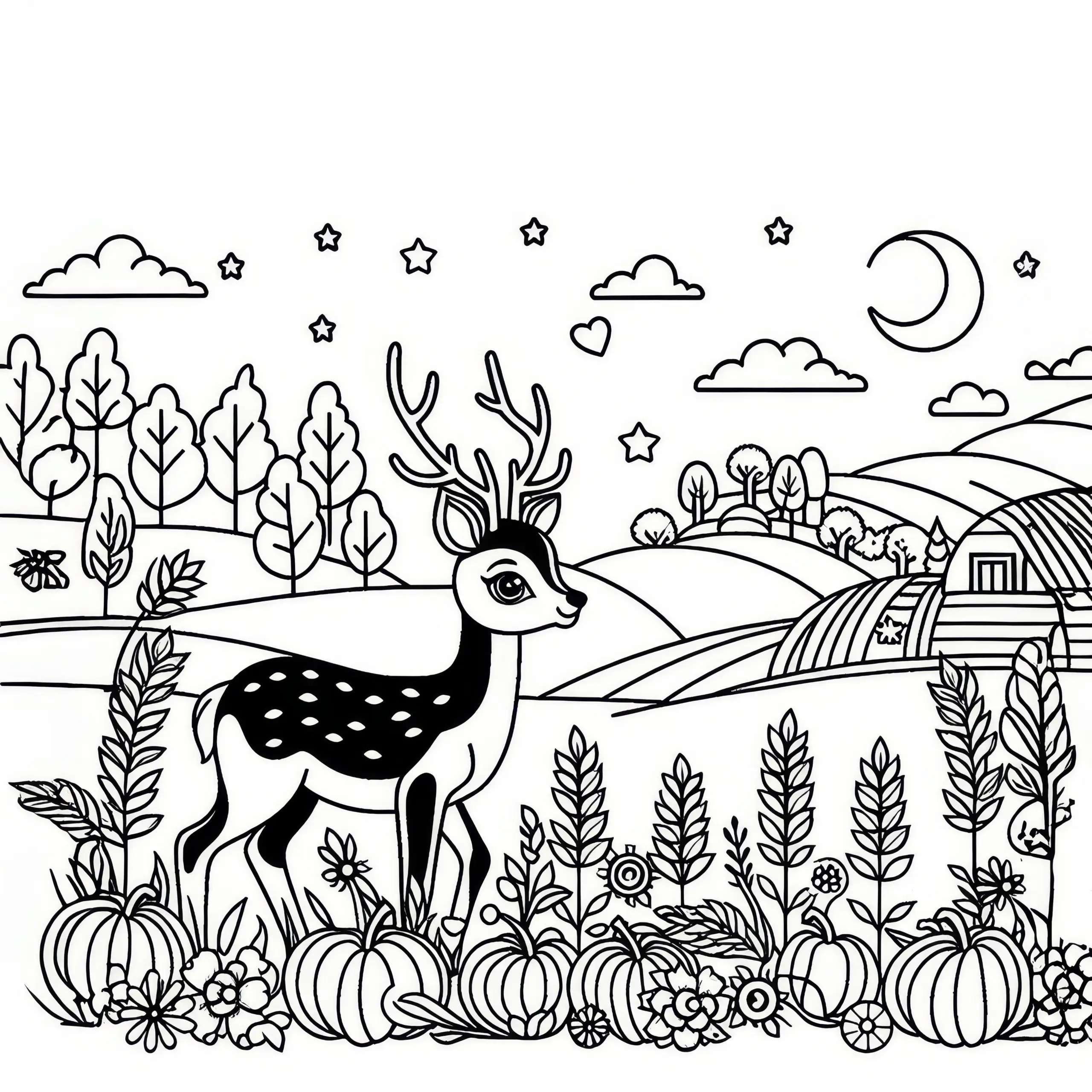 Reh in Herbstlandschaft: Einfaches Erntedankfest Ausmalbild (Gratis)