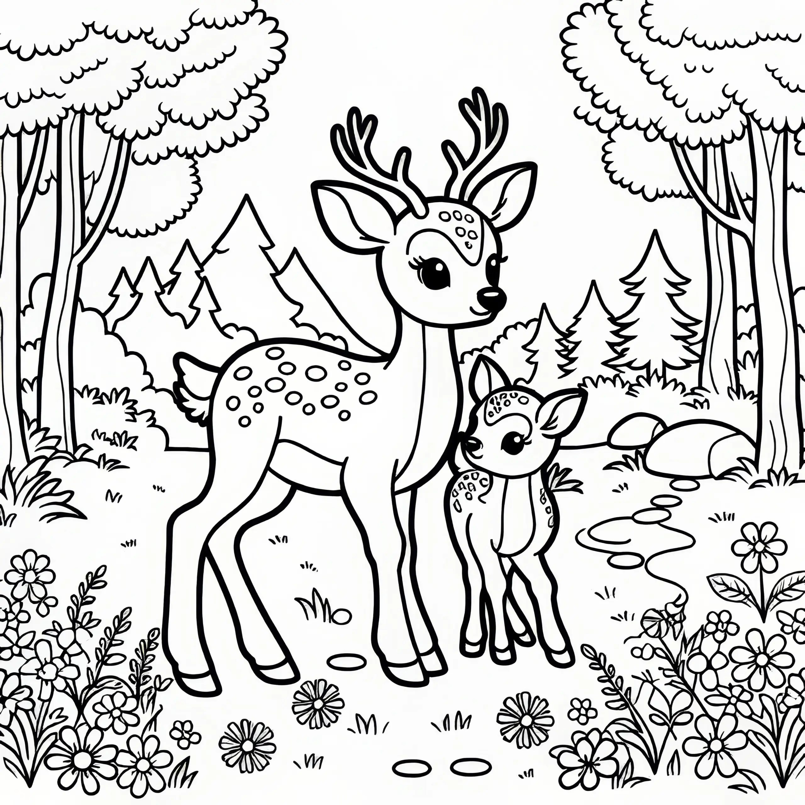 Reh mit Kitz auf Waldlichtung im Frühling: kostenlose Malvorlage (Ausmalbild)
