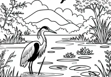 Reiher steht im flachen Wasser eines Sumpfes – Ausmalbild gratis