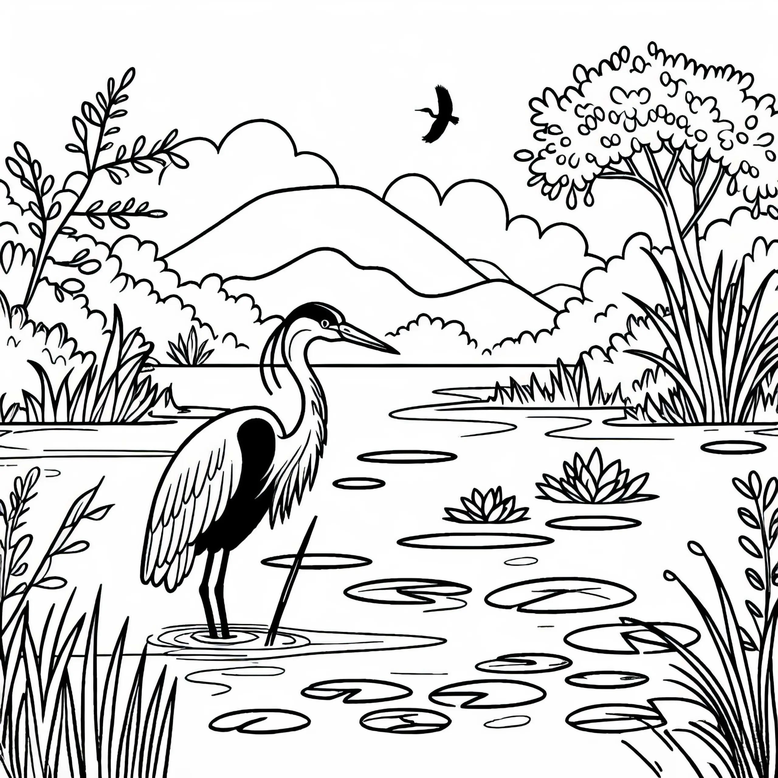 Reiher steht im flachen Wasser eines Sumpfes – Ausmalbild gratis