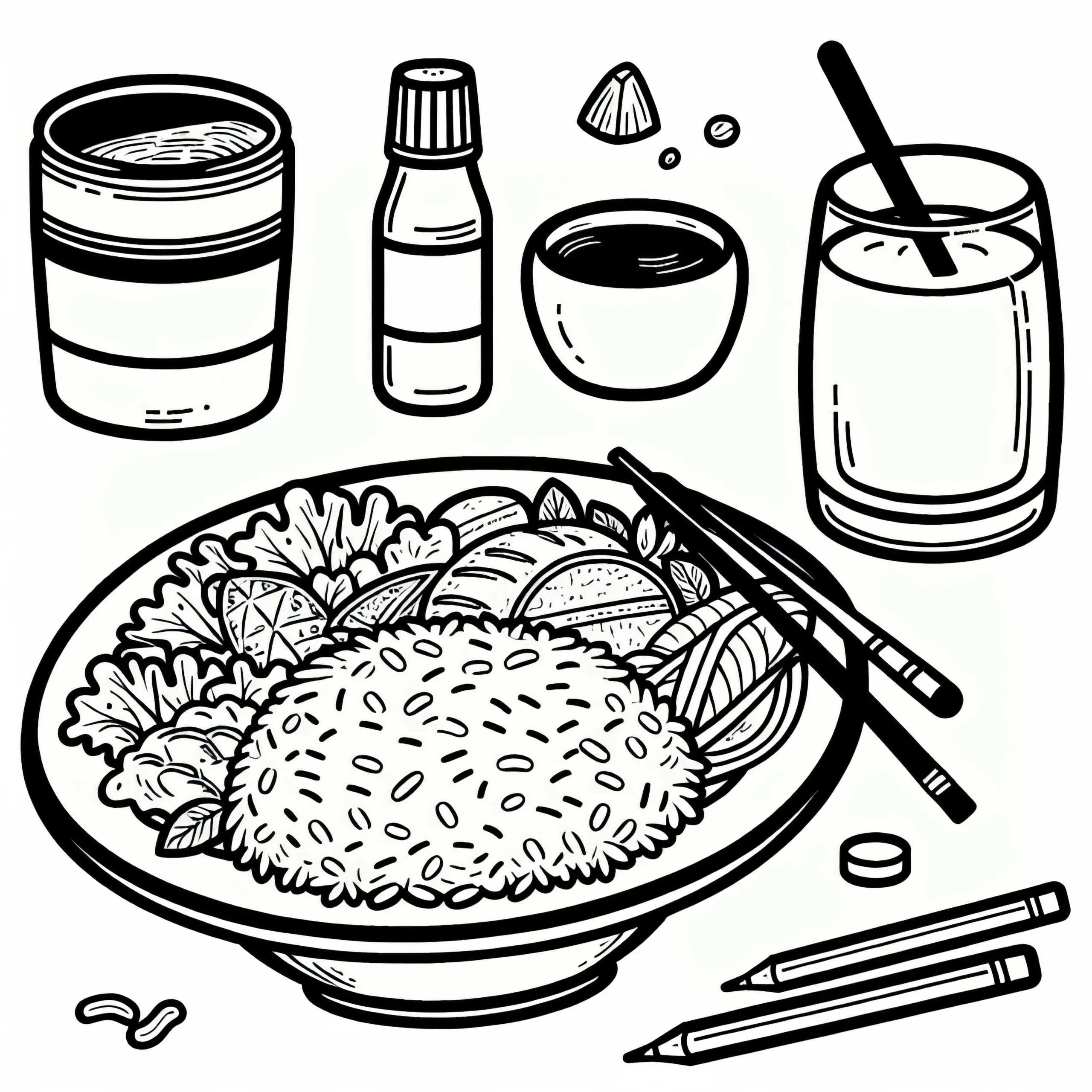 Reis als Beilage zum Essen – Malvorlage kostenlos (Ausmalbild)