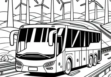 Reisebus auf Autobahn mit Windrädern im Hintergrund – Malvorlage gratis