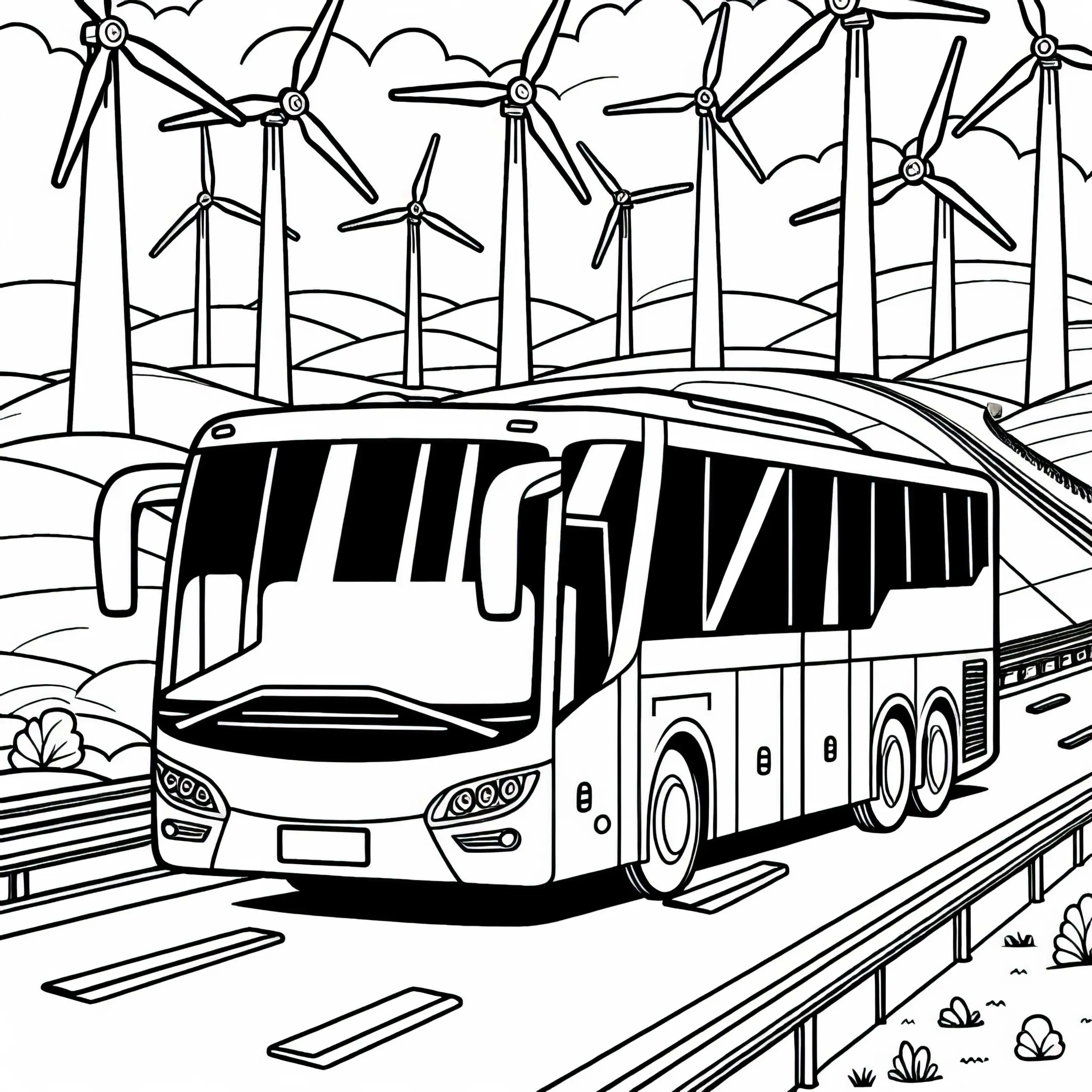 Reisebus auf Autobahn mit Windrädern im Hintergrund – Malvorlage gratis (Ausmalbild)