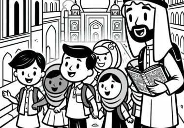 Reiseleiter führt Gruppe durch historische Stadt – Ausmalbild kostenlos