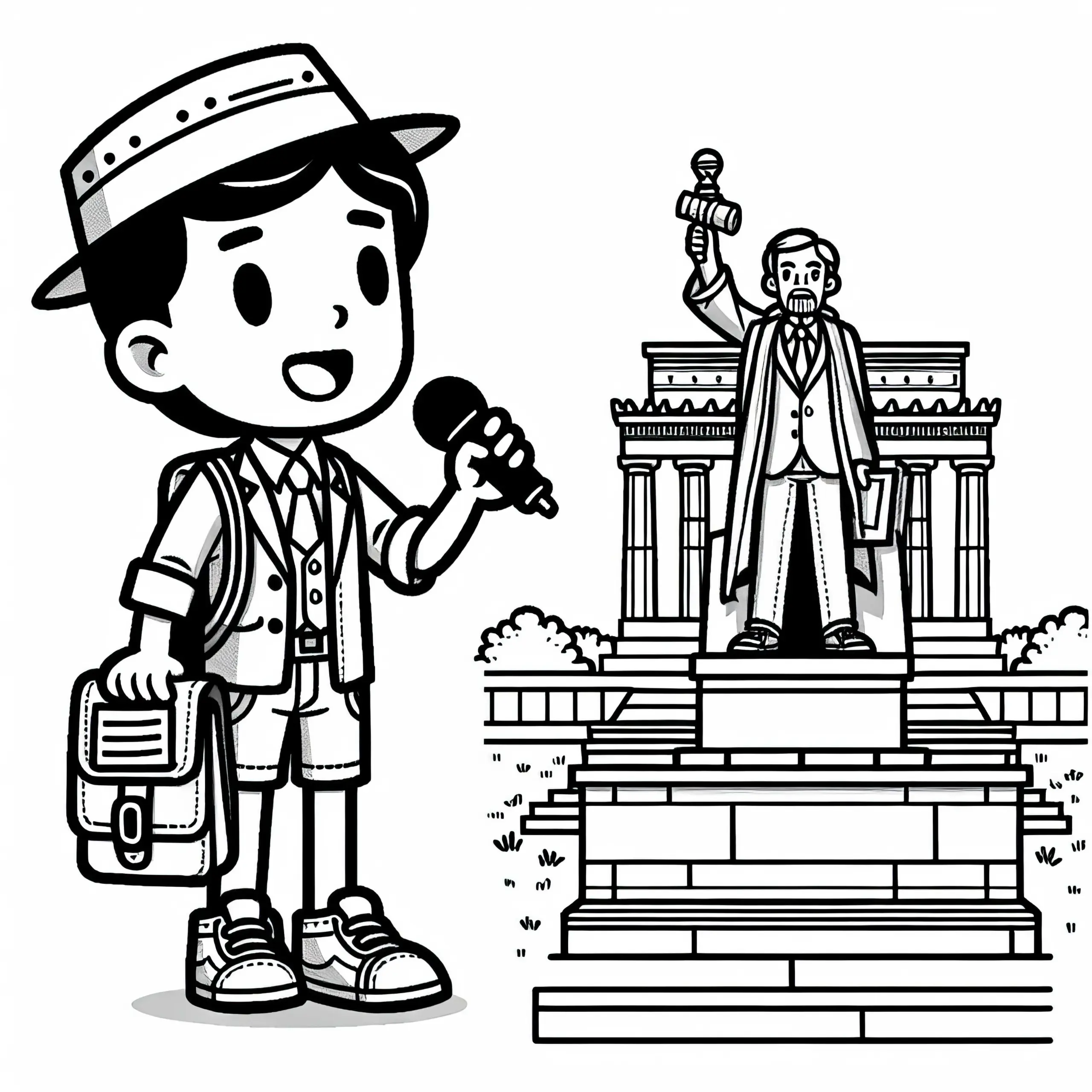 Reiseleiter hält Vortrag vor Denkmal – Ausmalbild Kostenlos
