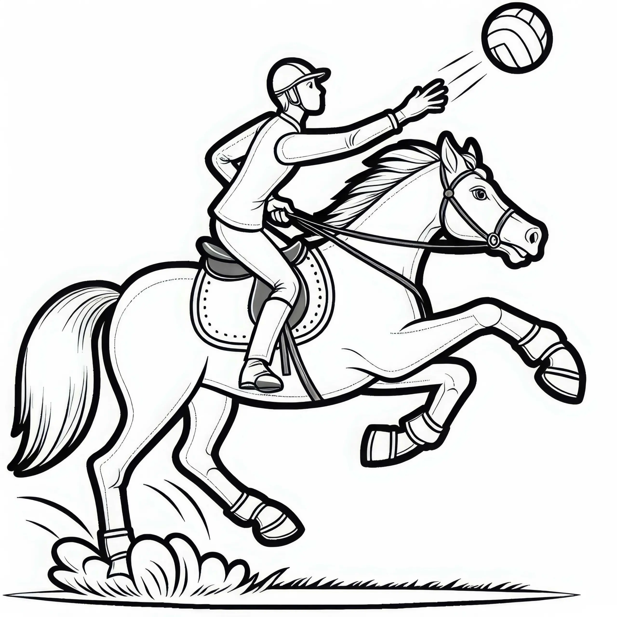 Reiter fängt beim Horseball den Ball – Malvorlage gratis (Ausmalbild)