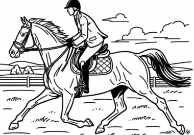 Reiter reitet im Galopp durch offene Landschaft – Ausmalbild gratis