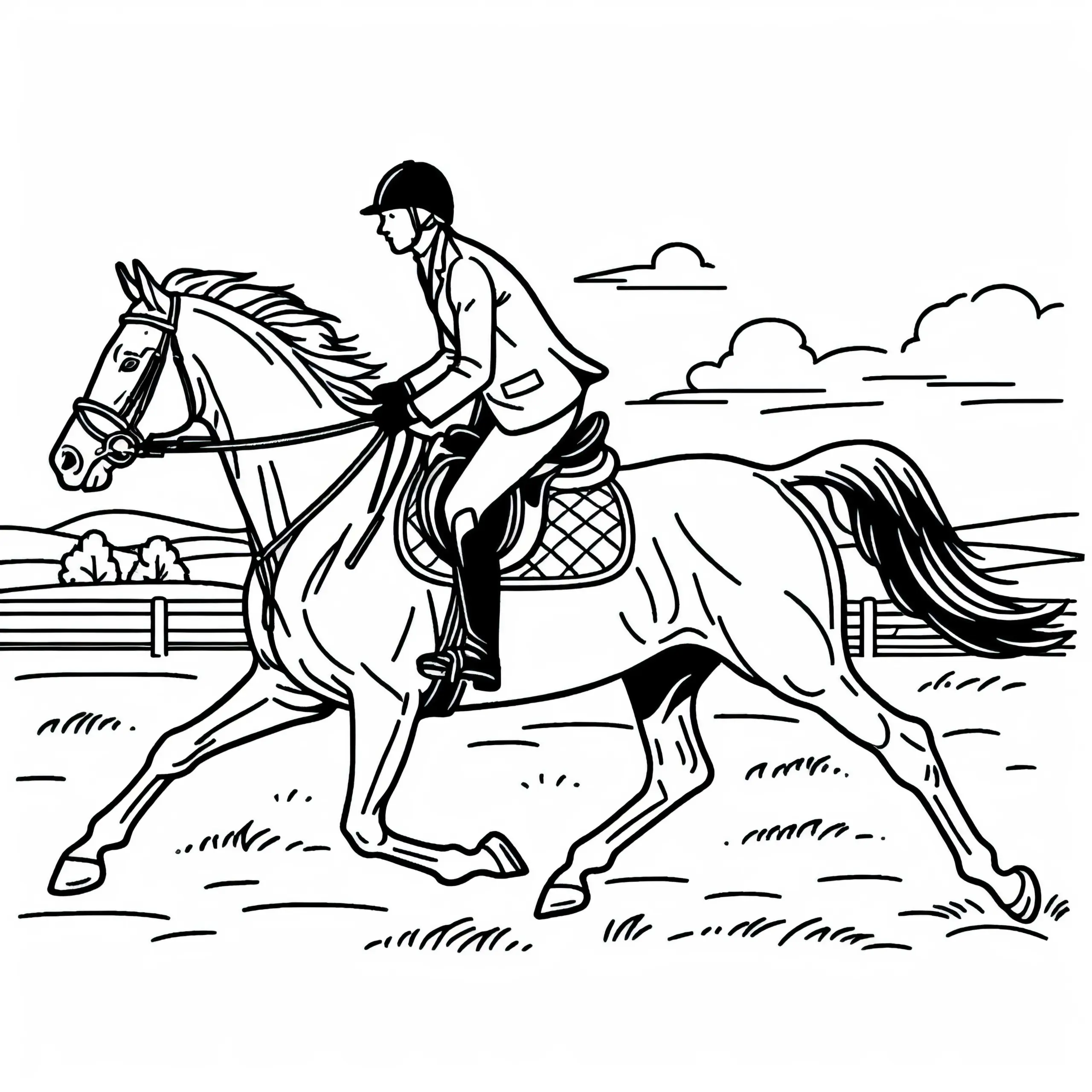 Reiter reitet im Galopp durch offene Landschaft – Ausmalbild gratis