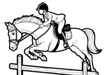 Reiter springt mit Pferd elegant über Hindernis – Ausmalbild gratis