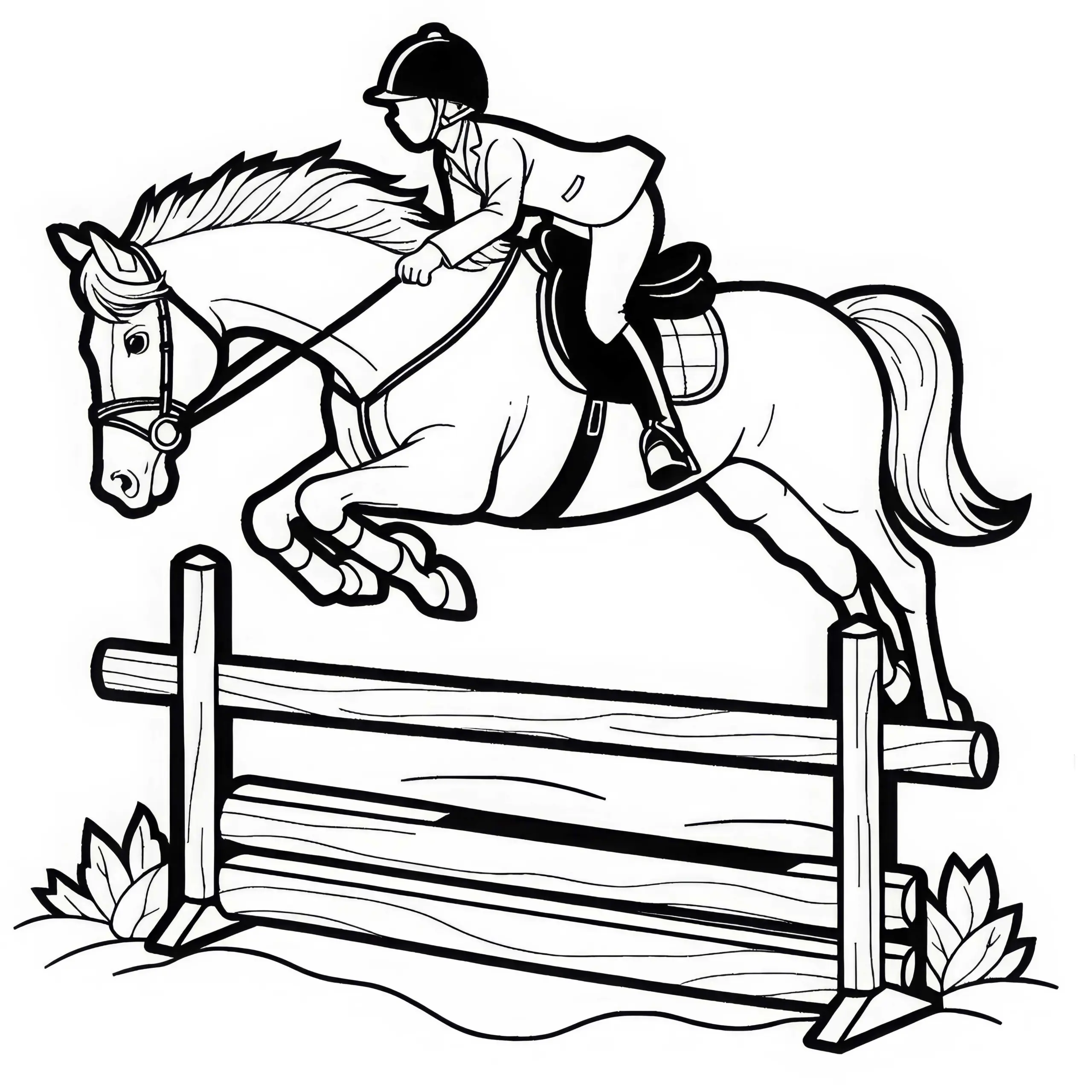 Reiter springt mit Pferd elegant über Hindernis – Ausmalbild gratis
