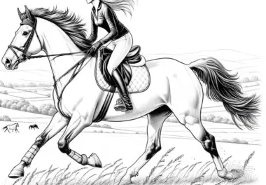 Reiterin reitet im Galopp durch offene Landschaft – Ausmalbild detailreich gratis