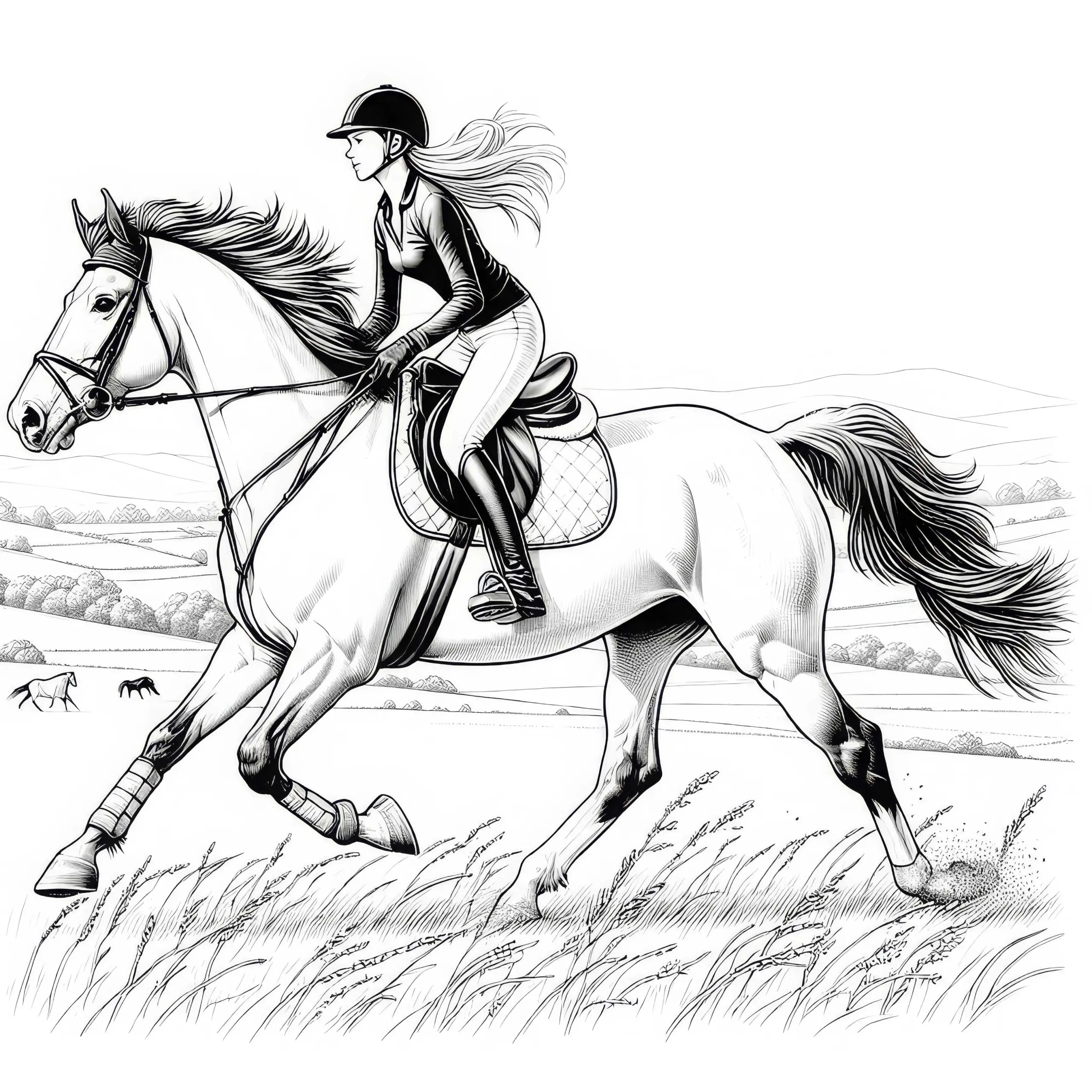 Reiterin reitet im Galopp durch offene Landschaft – Ausmalbild detailreich gratis