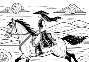 Reiterin reitet im Galopp durch offene Landschaft – Ausmalbild gratis