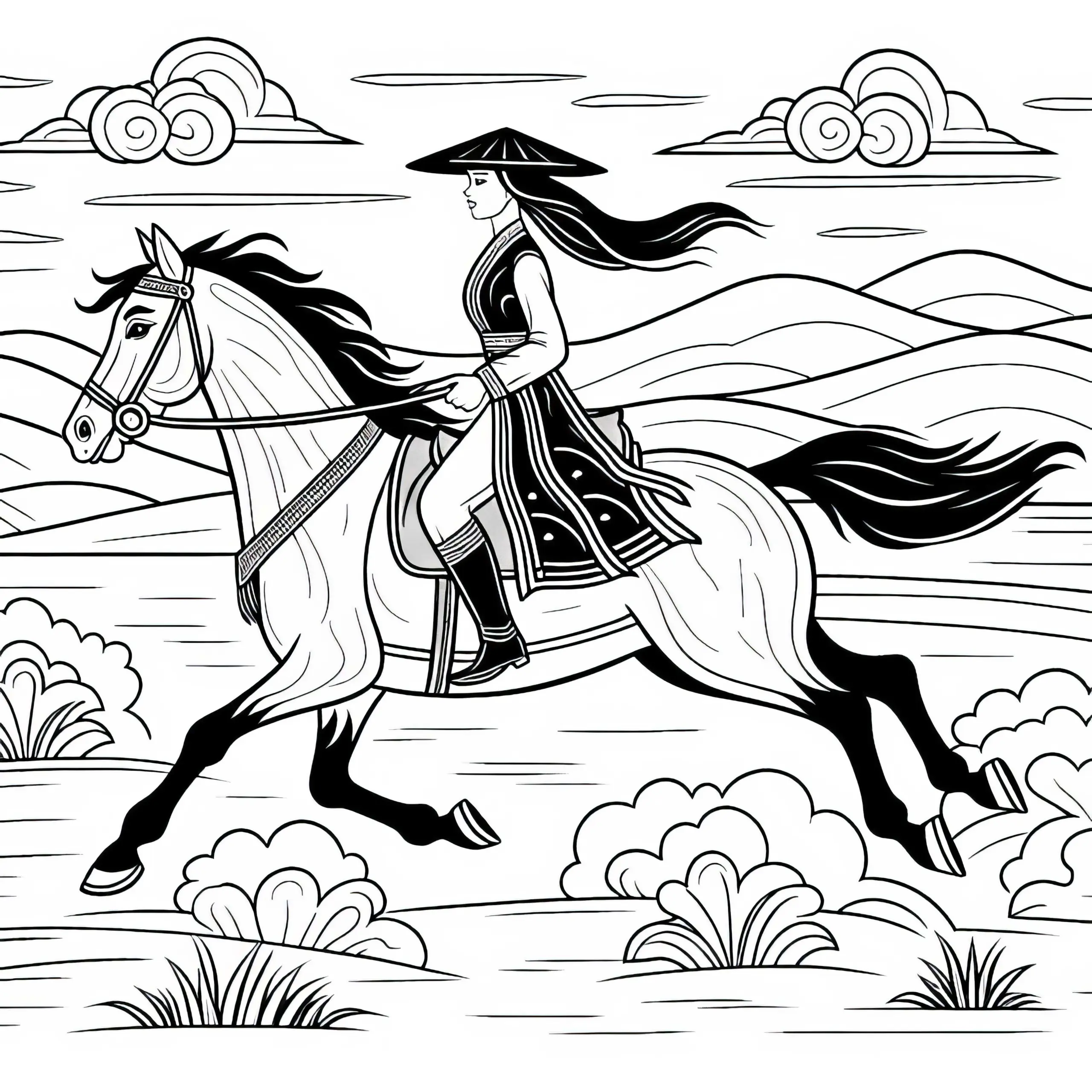 Reiterin reitet im Galopp durch offene Landschaft – Ausmalbild gratis
