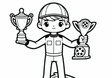 Rennfahrer bei der Siegesehrung mit Trophäen – Malvorlage kostenlos