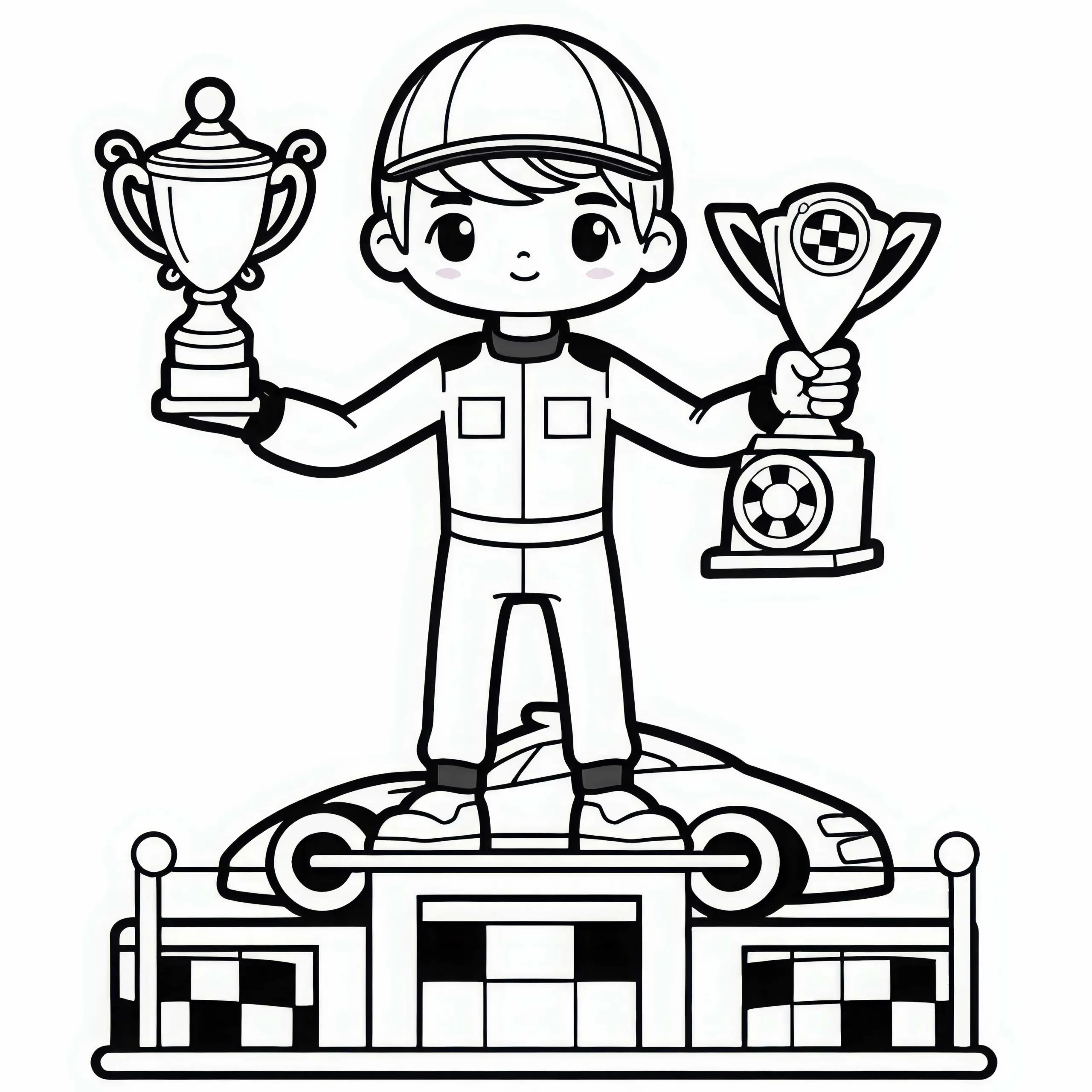 Rennfahrer bei der Siegesehrung mit Trophäen – Malvorlage kostenlos (Ausmalbild)