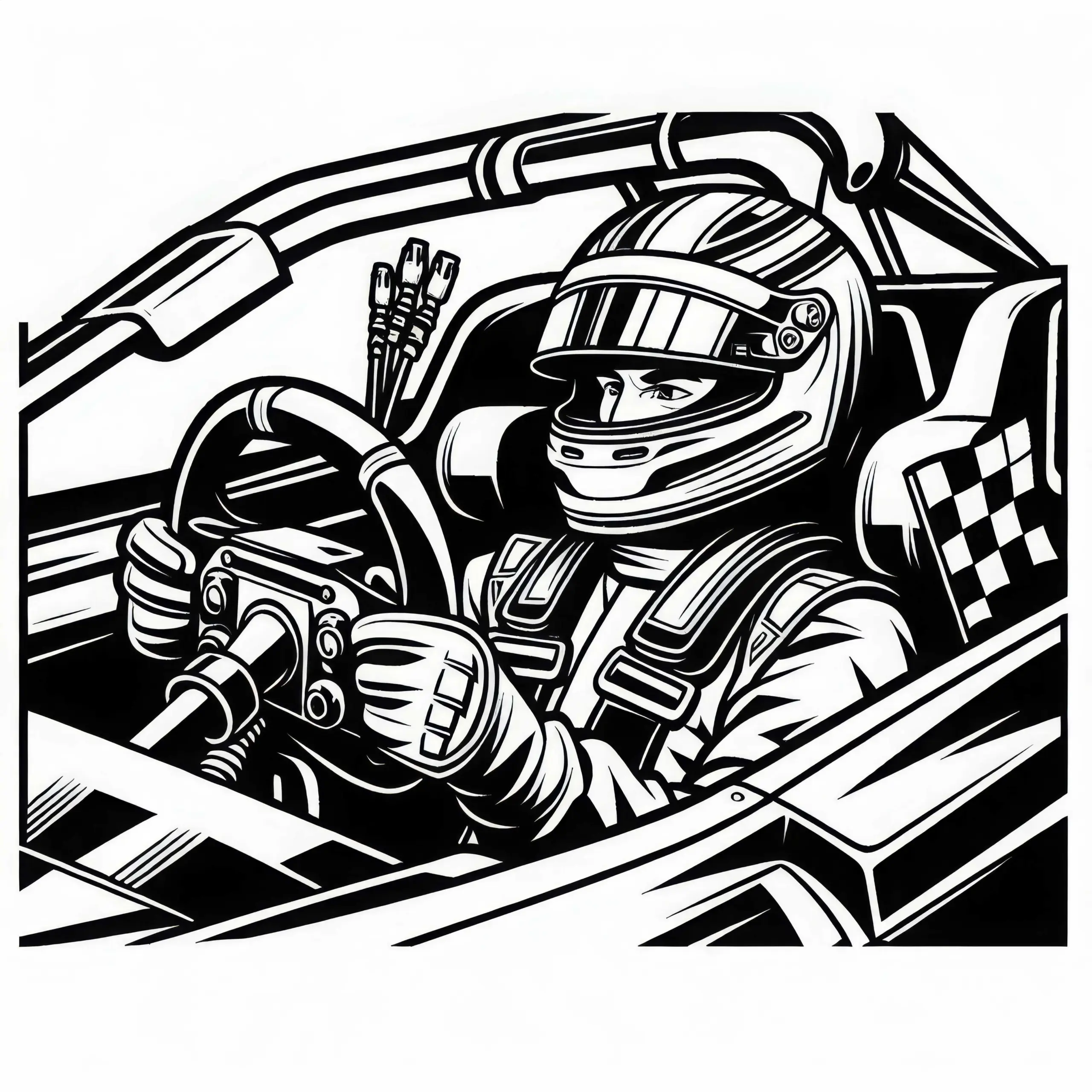Rennfahrer im Cockpit eines Rennwagens – Malvorlage gratis (Ausmalbild)