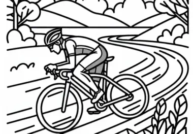 Rennradfahrer fährt mit hoher Geschwindigkeit auf Landstraße – Malvorlage kostenlos