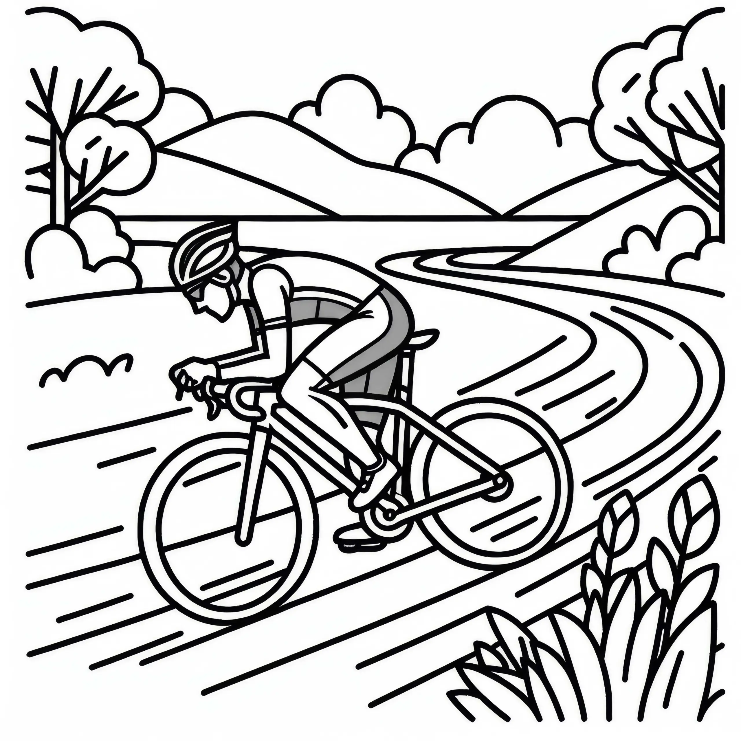 Rennradfahrer fährt mit hoher Geschwindigkeit auf Landstraße – Malvorlage kostenlos (Ausmalbild)