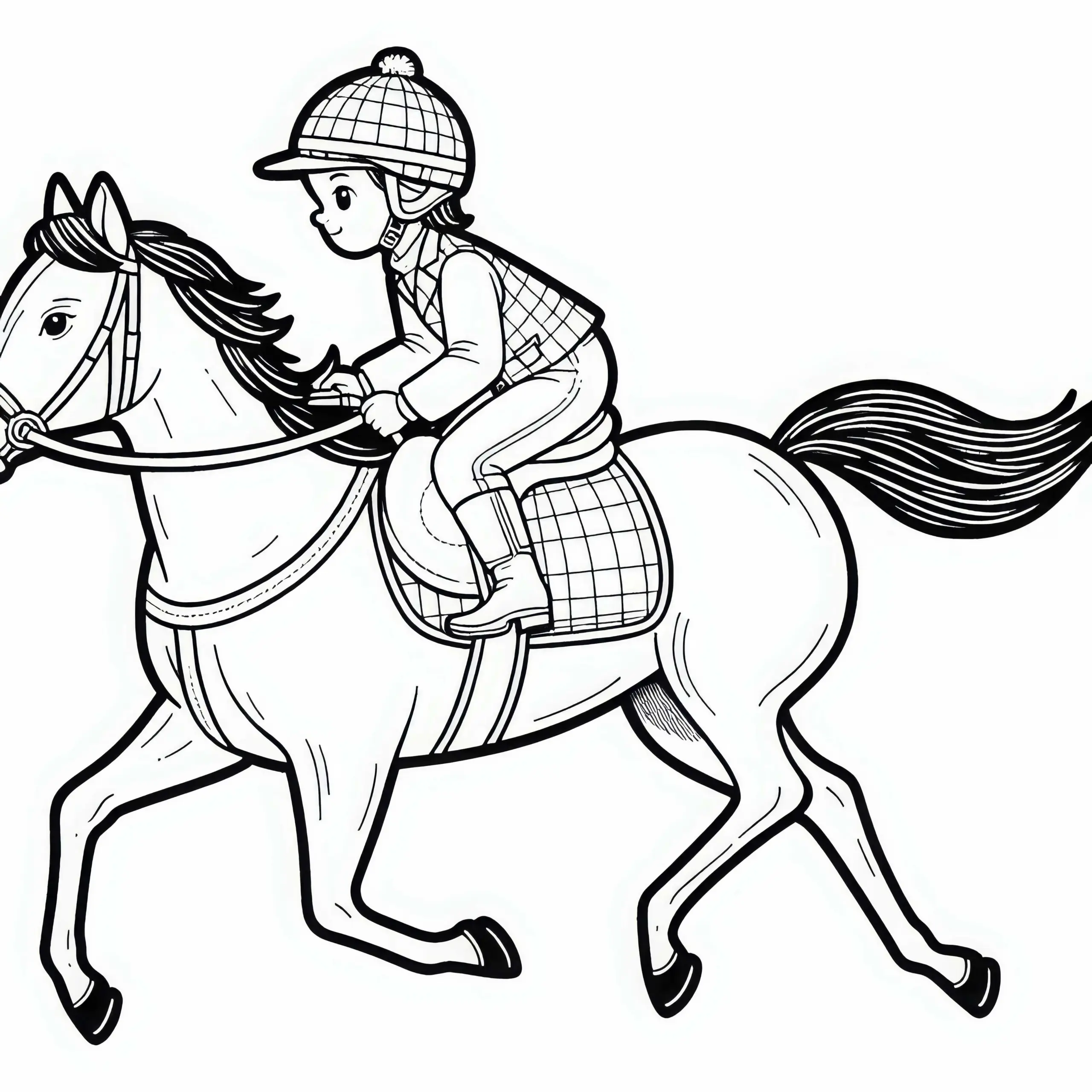 Rennreiter reitet im Galopp – Malvorlage kostenlos (Ausmalbild)