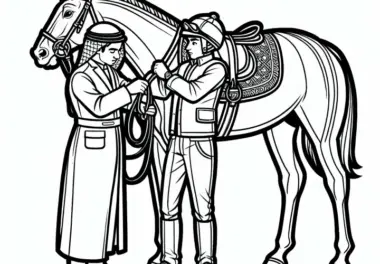 Rennreiter überprüft die Ausrüstung des Pferdes – Ausmalbild kostenlos