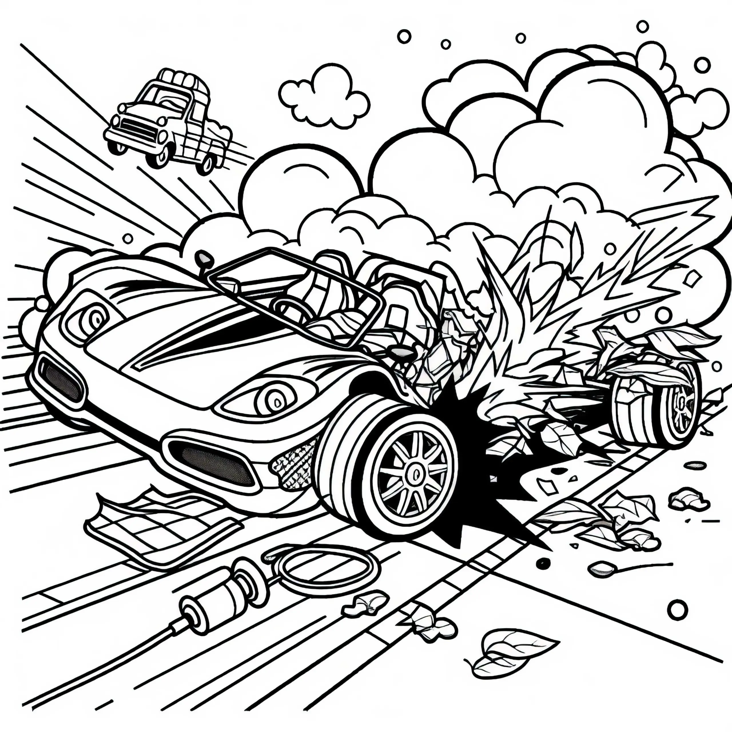 Rennwagen bei Crash – Malvorlage Gratis (Ausmalbild)
