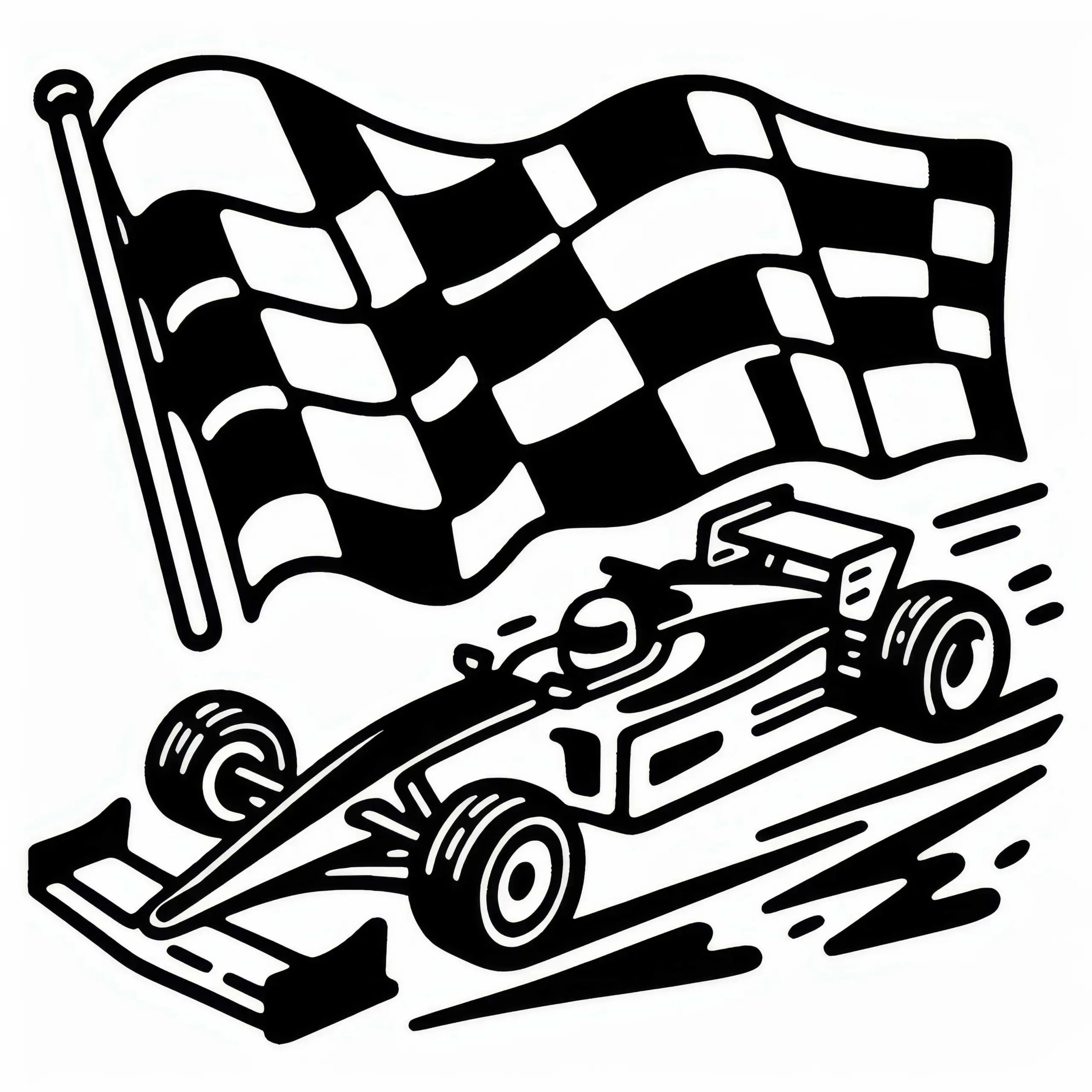 Rennwagen und Zielflagge Malvorlage Kostenlos Herunterladen (Ausmalbild)