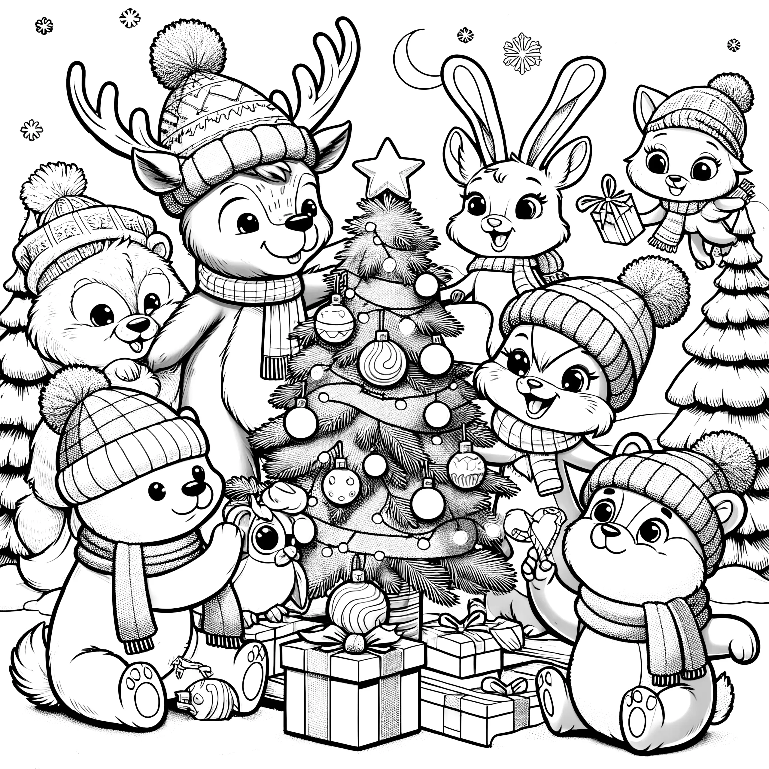 Rentier & andere Tiere um Weihnachtsbaum (Malvorlage) (Ausmalbild)