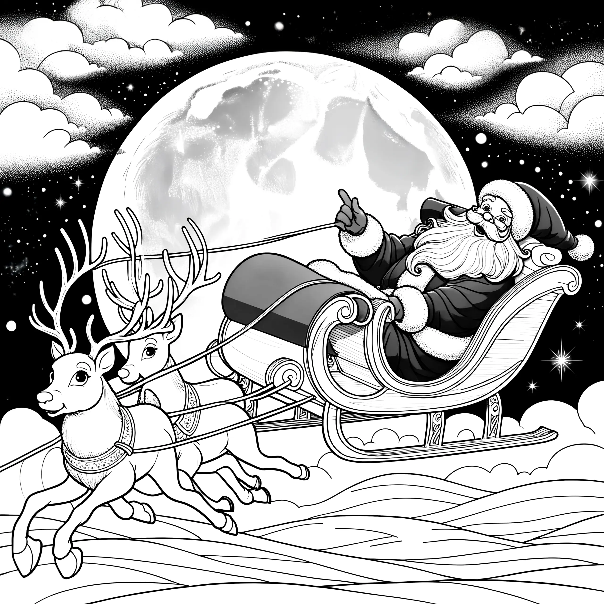 Rentiere, Weihnachtsmann & Mond am Himmel (Ausmalbild)