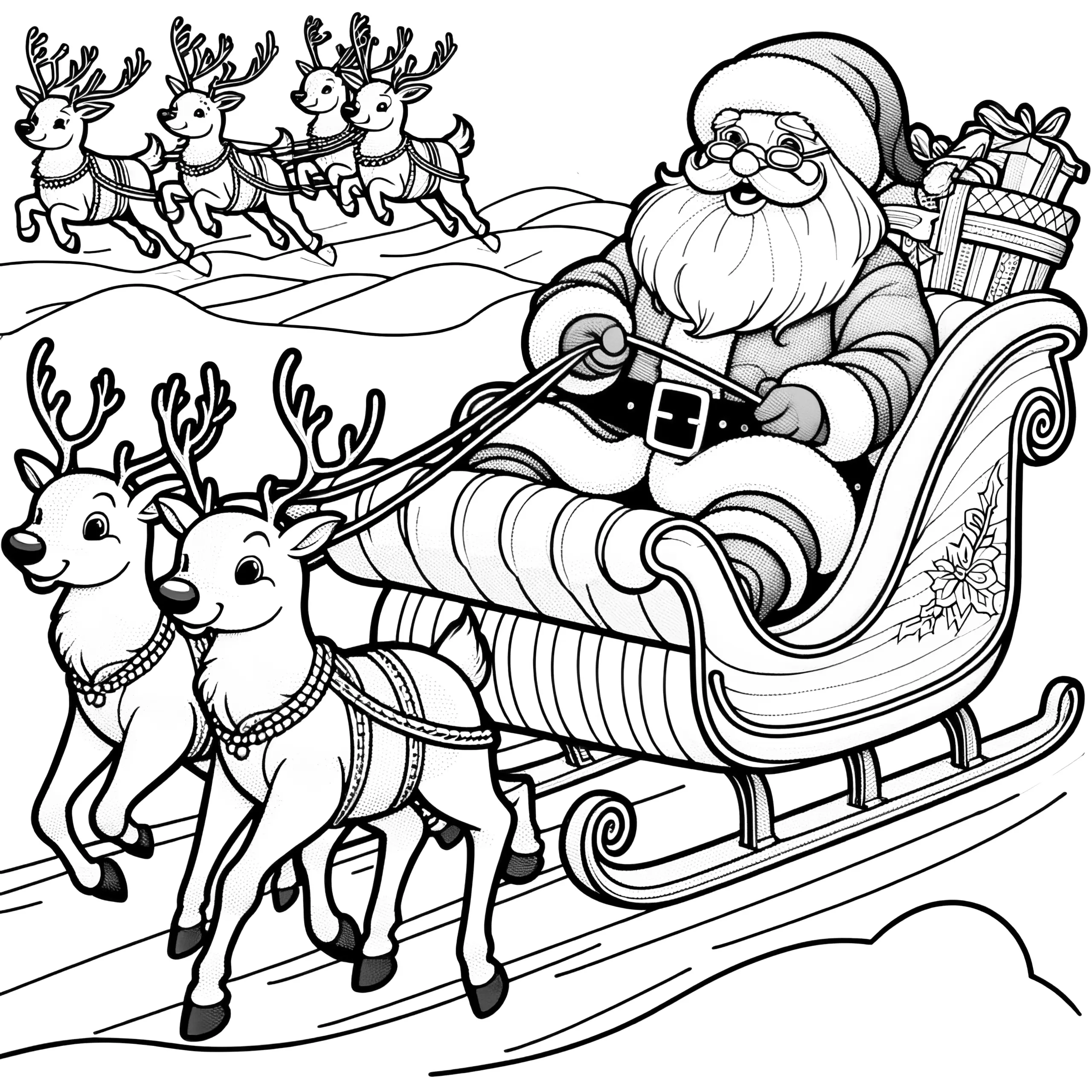 Rentiere ziehen Weihnachtsschlitten – Malvorlage (Ausmalbild)