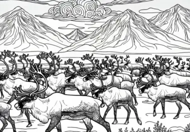 Rentierherde zieht durch die Tundra – Malvorlage kostenlos