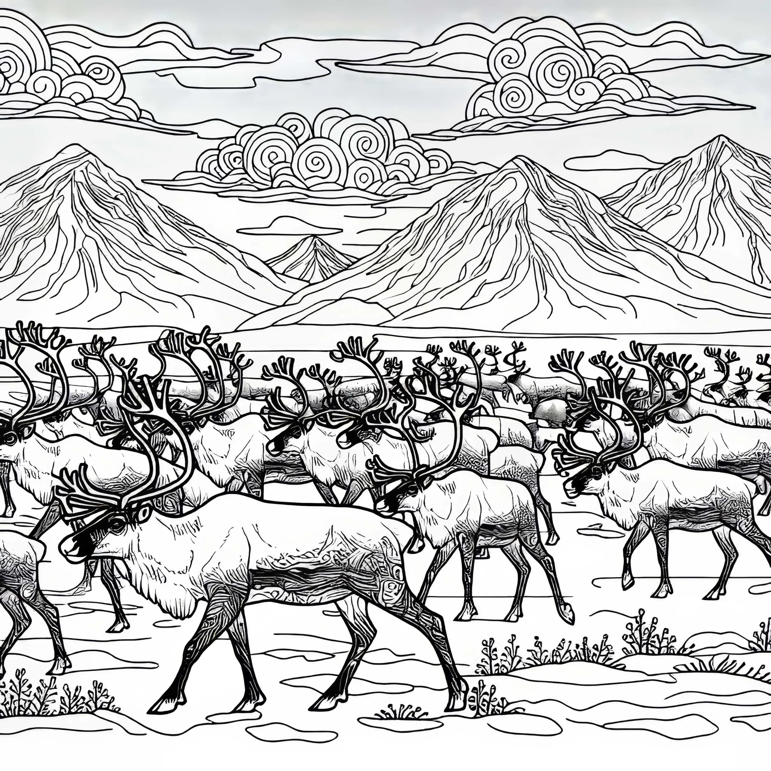 Rentierherde zieht durch die Tundra – Malvorlage kostenlos (Ausmalbild)