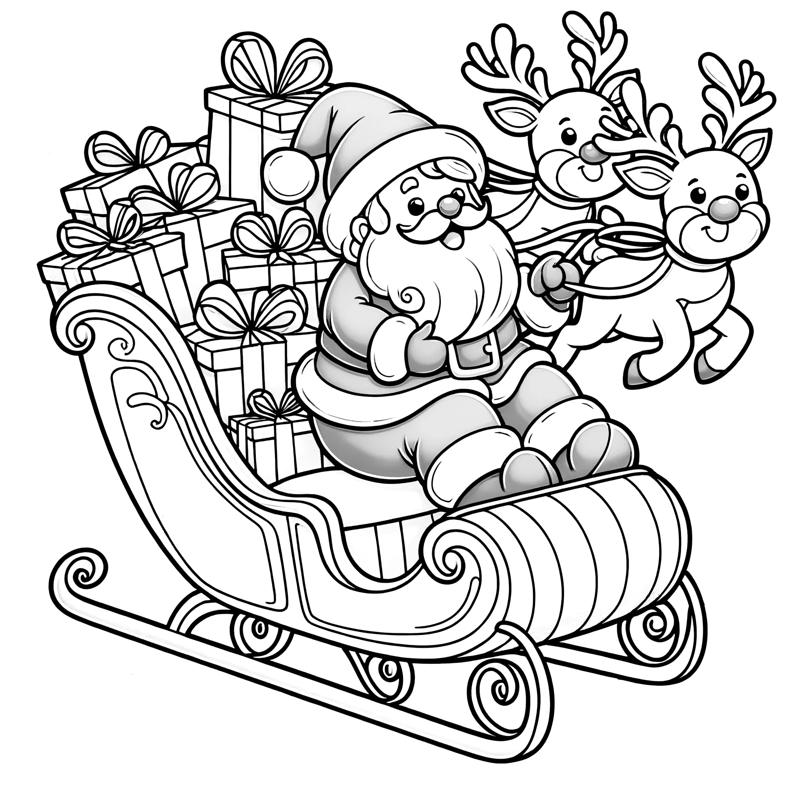 Rentierschlitten, Weihnachtsmann & Geschenke (Ausmalbild)