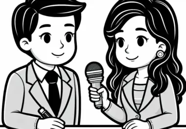 Eine Reporter­in interviewt eine Person mit Mikrofon – Ausmalbild kostenlos