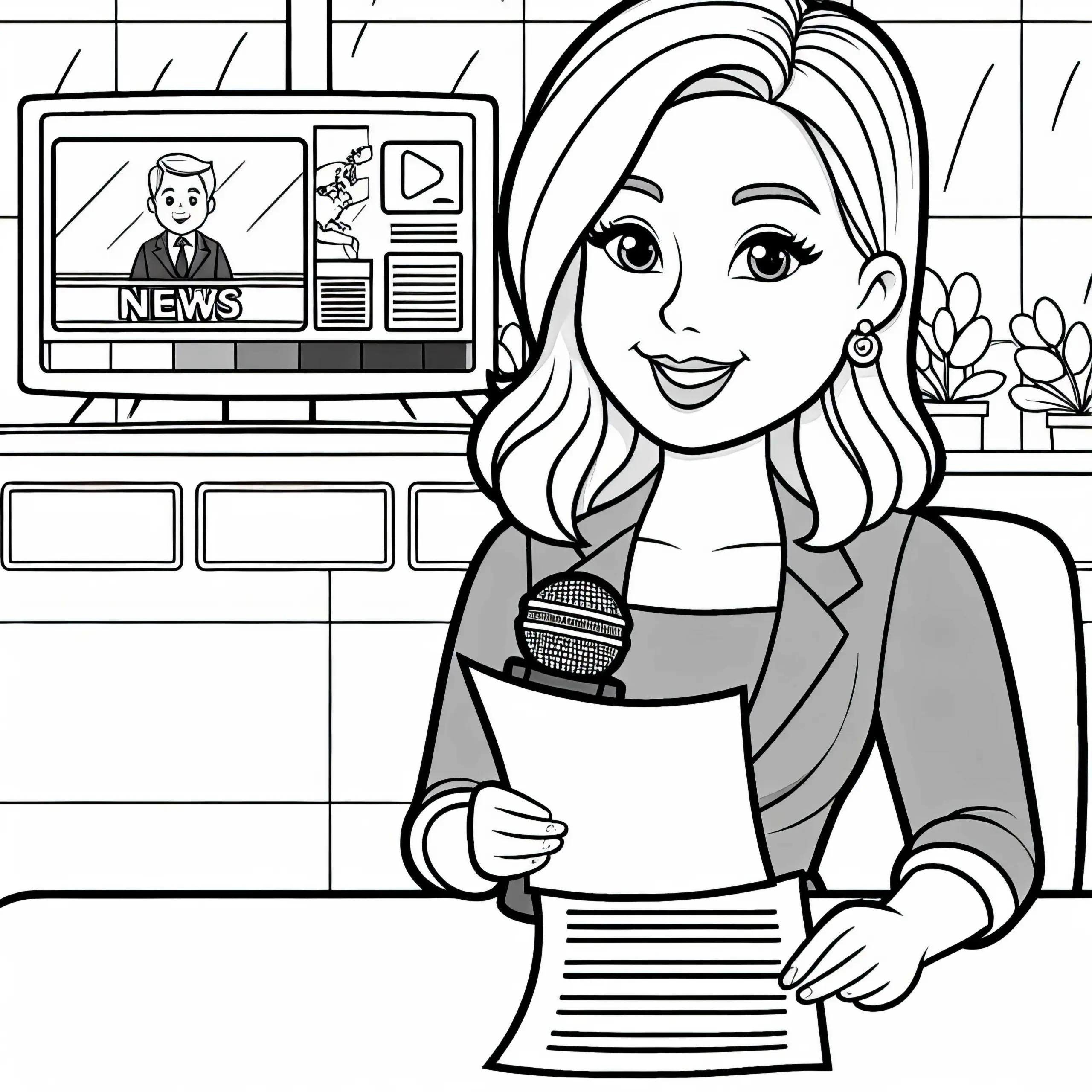 Reporter liest Nachrichten im Studio – Malvorlage kostenlos (Ausmalbild)