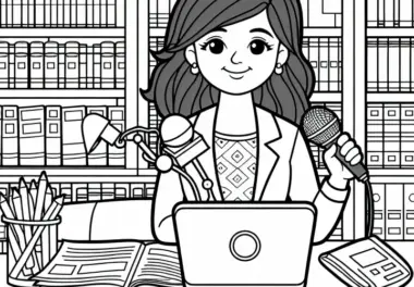Reporterin recherchiert in Bibliothek – Malvorlage kostenlos