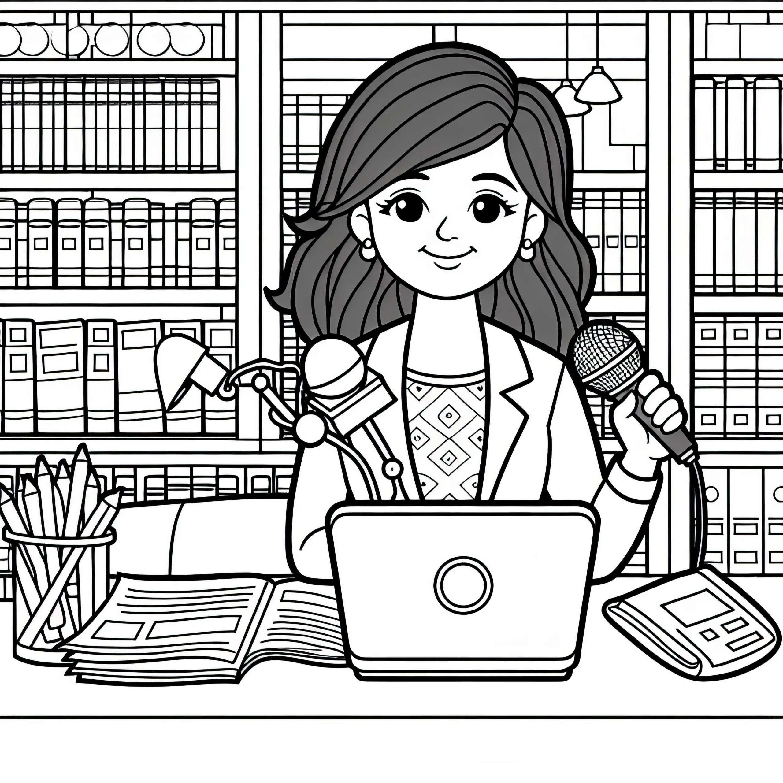 Reporterin recherchiert in Bibliothek – Malvorlage kostenlos (Ausmalbild)
