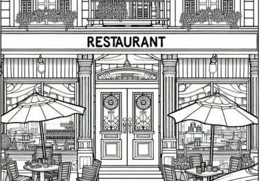 Restaurant von außen Ausmalbild kostenlos – Jetzt herunterladen und online ausmalen